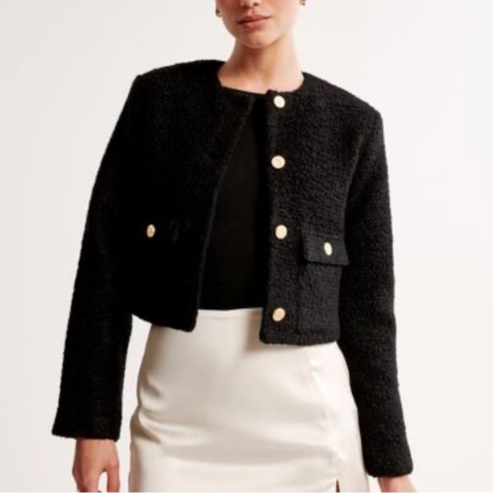 Abercrombie & Fitch Tweed Collarless Jacket in Black with Gold Buttons Size XS